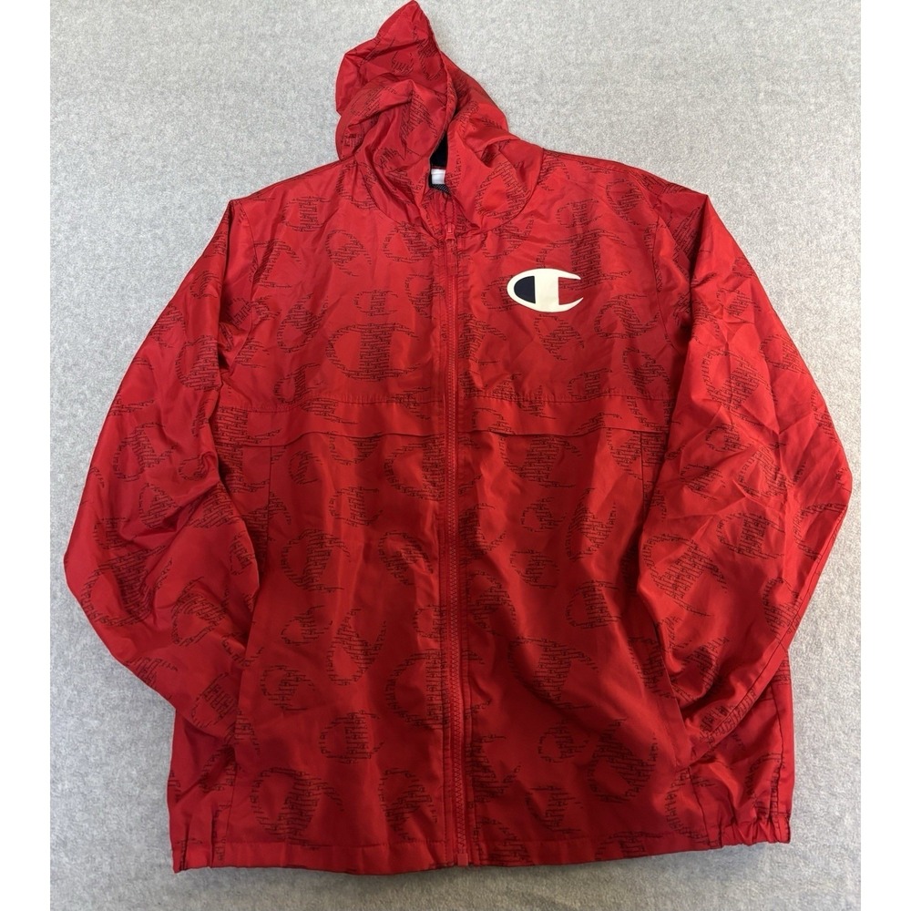 Champion VTG 90's Size XL Men's Windbreaker Hoodie Jacket Red Logo Full Zip Up